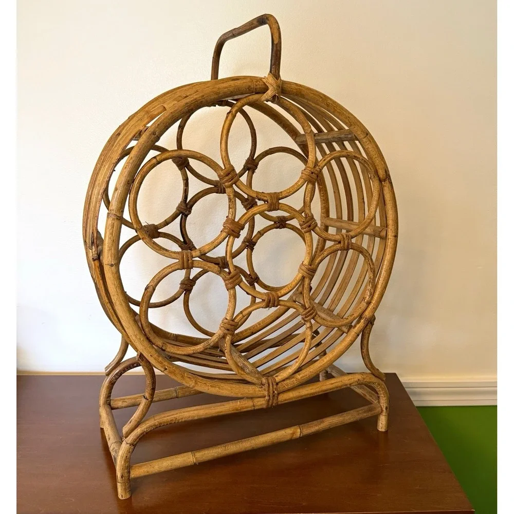 Rattan Bamboo Round Freestanding Wine Rack Bottle Holder Handle 7 Bottle 16